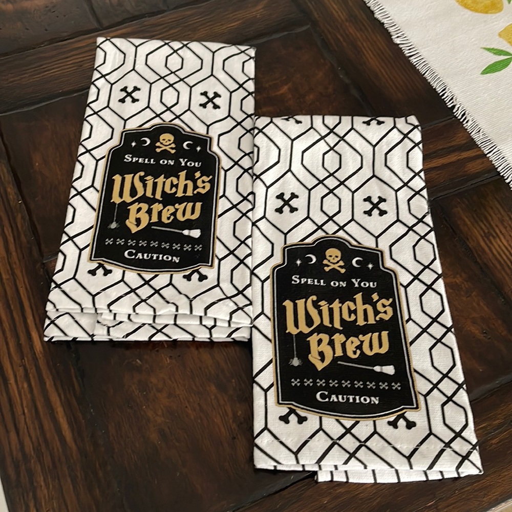 Halloween White//Silver "Spell on You" & "Witch's Brew" 2 Kitchen Towels